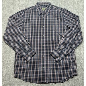 Eddie Bauer Shirt Mens M Navy Blue Burgundy White Plaid Cotton Classic Button Up
